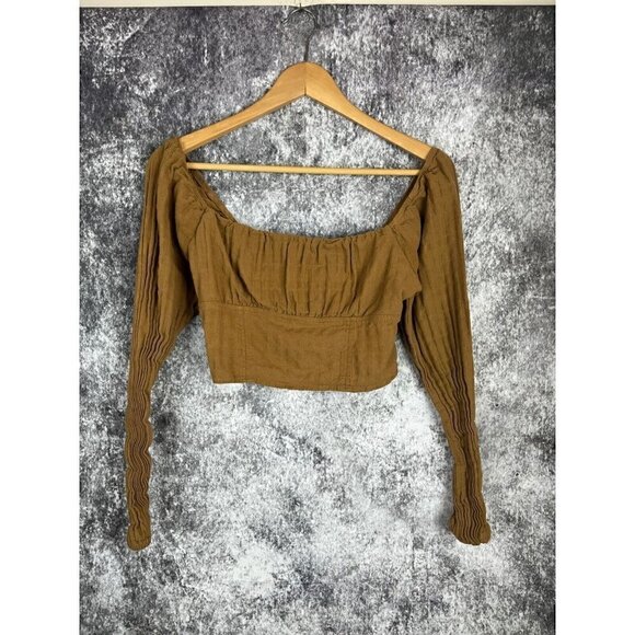 Wild Fable Rust Brown Cropped Ruched Smocked puff Sleeve Top Blouse Womens Small - Picture 12 of 12
